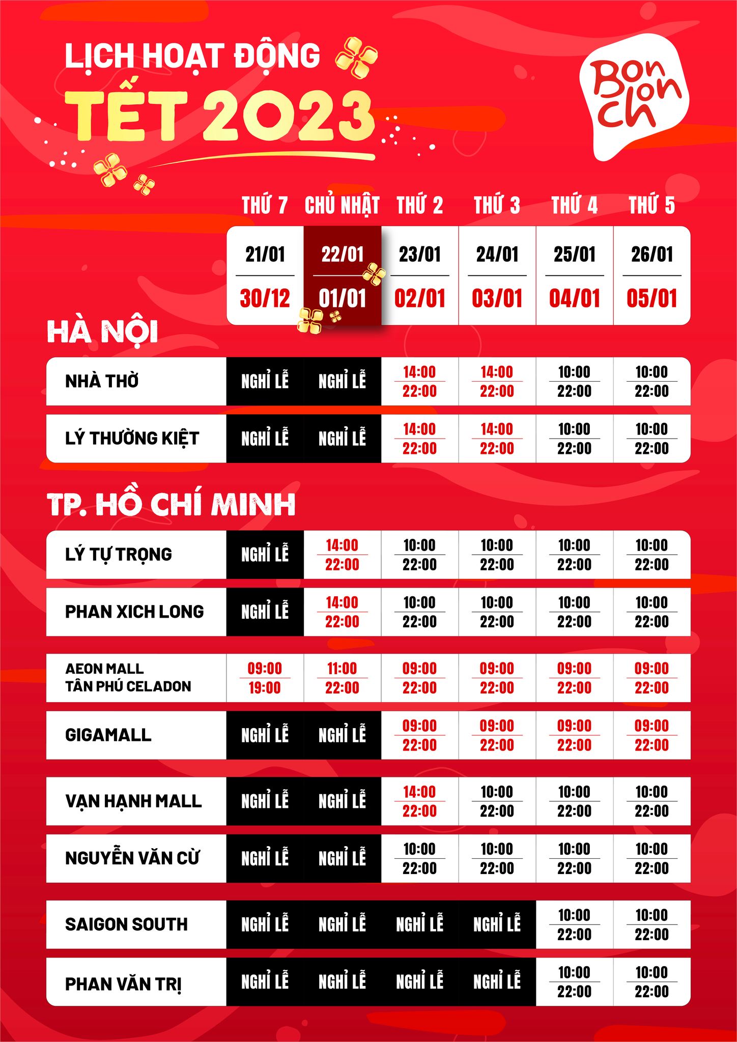 LỊCH HOẠT ĐỘNG TẾT 2023